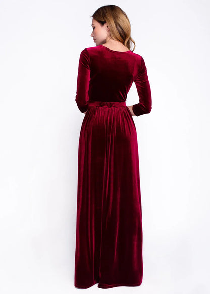 Long sleeves velvet evening dress round neck long dress elegant autumn winter bridesmaid dress