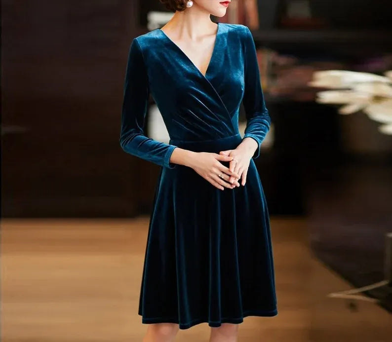 Evening dress Long sleeves velvet Dress autumn winter party v neck velvet short dress velvet Bridesmaid Dress