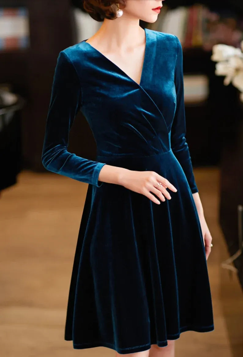 Evening dress Long sleeves velvet Dress autumn winter party v neck velvet short dress velvet Bridesmaid Dress