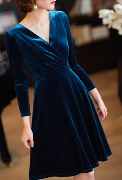 Evening dress Long sleeves velvet Dress autumn winter party v neck velvet short dress velvet Bridesmaid Dress