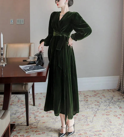 Autumn Winter Luxury Long sleeves Velvet Dress Robes Comfy Formal Wrap Lace up Dress Bridesmaid Gown Dress