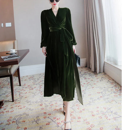 Autumn Winter Luxury Long sleeves Velvet Dress Robes Comfy Formal Wrap Lace up Dress Bridesmaid Gown Dress