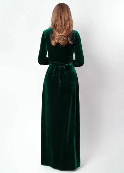 Wedding guest dress long sleeves deep v neck autumn winter velvet long dress split fork bridesmaid dress