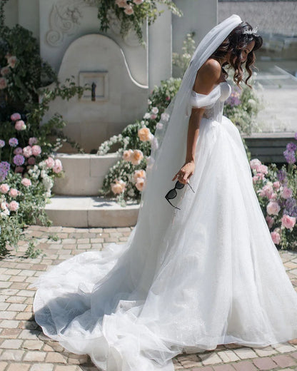 Glitter A Line Off the Shoulder V-Neck Sequins Tulle Wedding Dresses