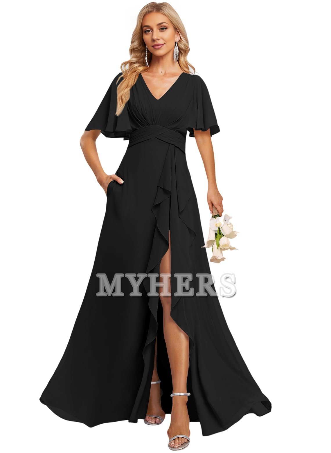 Elegant V Neck Flutter Sleeve Ruffle Side Fork Long Bridesmaid Dresses Wedding Guests Dresses