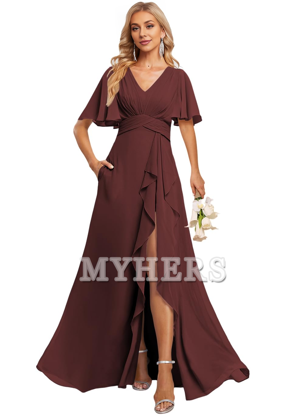 Elegant V Neck Flutter Sleeve Ruffle Side Fork Long Bridesmaid Dresses Wedding Guests Dresses