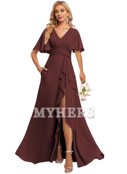 Elegant V Neck Flutter Sleeve Ruffle Side Fork Long Bridesmaid Dresses Wedding Guests Dresses