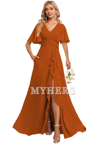 Elegant V Neck Flutter Sleeve Ruffle Side Fork Long Bridesmaid Dresses Wedding Guests Dresses