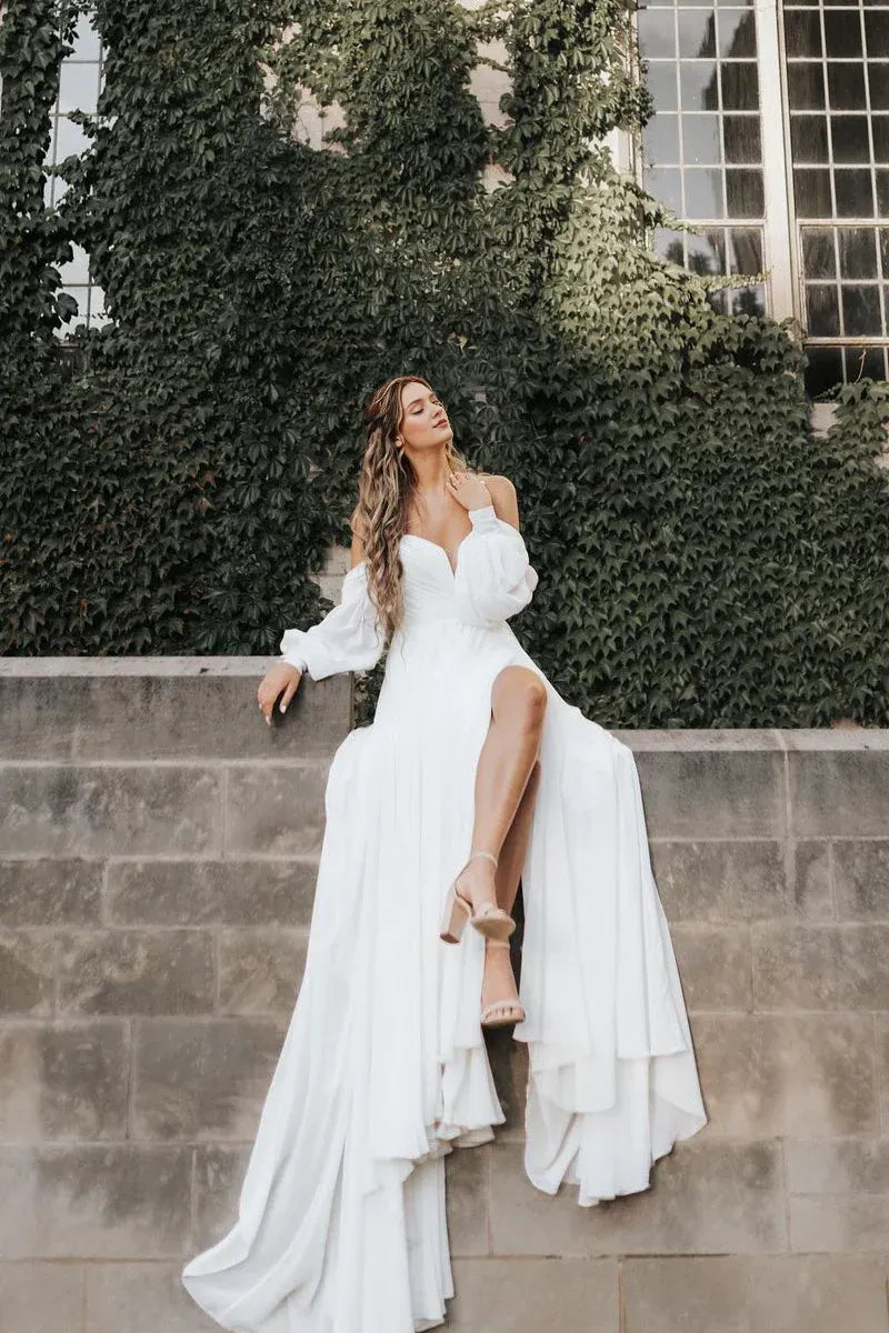 Bohemian V-Neck Off the Shoulder White Chiffon Long Wedding Dresses with Sleeves