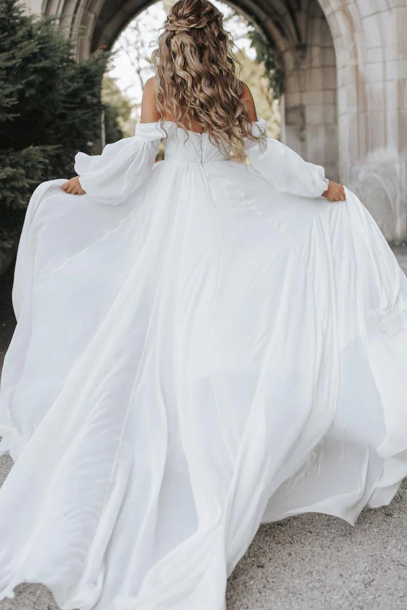 Bohemian V-Neck Off the Shoulder White Chiffon Long Wedding Dresses with Sleeves