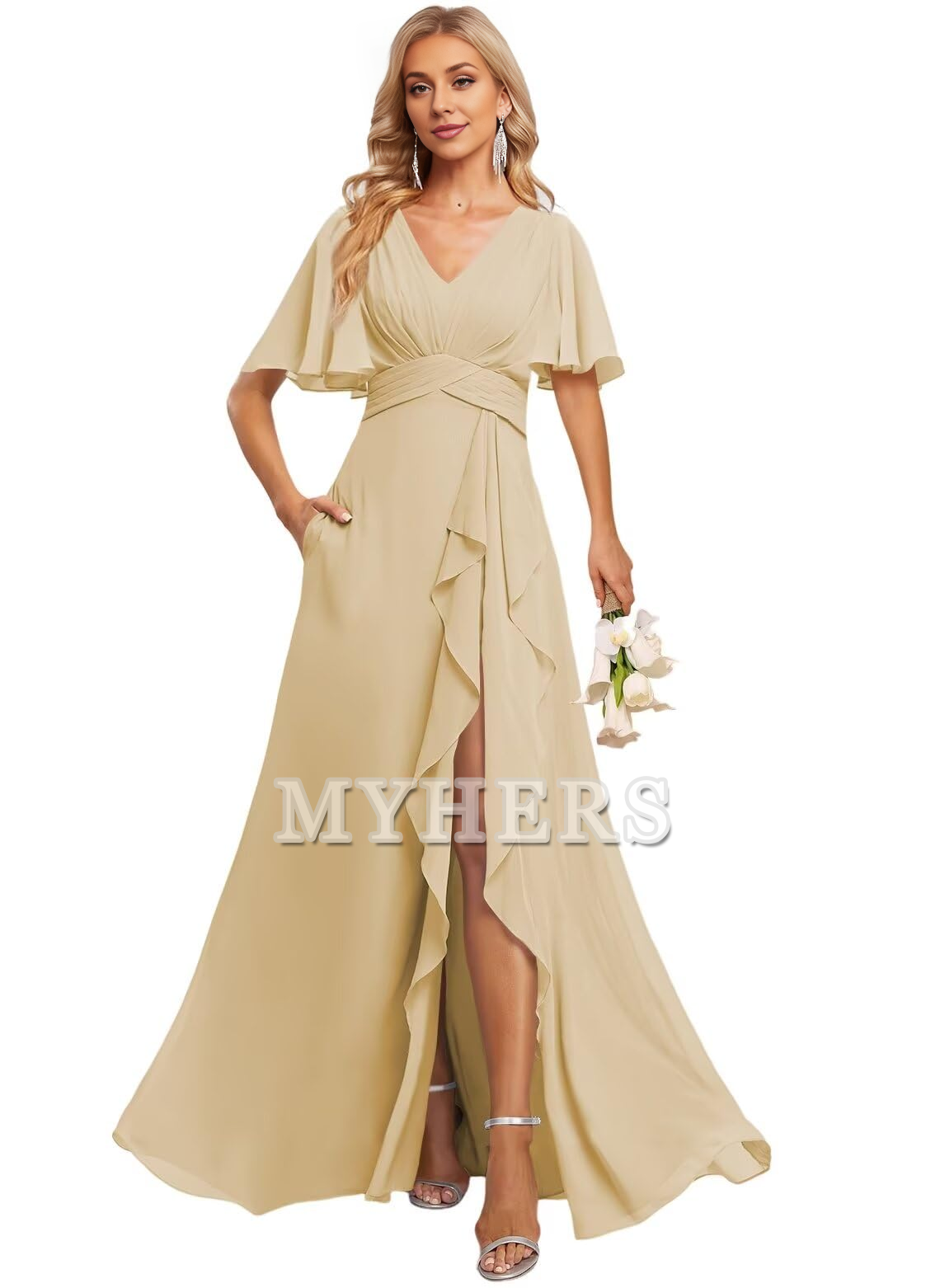 Elegant V Neck Flutter Sleeve Ruffle Side Fork Long Bridesmaid Dresses Wedding Guests Dresses
