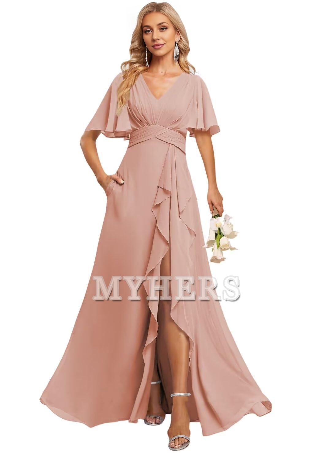 Elegant V Neck Flutter Sleeve Ruffle Side Fork Long Bridesmaid Dresses Wedding Guests Dresses