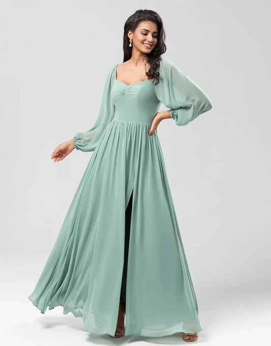 Off the Shoulder Chiffon Long Sleeves Green Bridemaid Dress with Slit