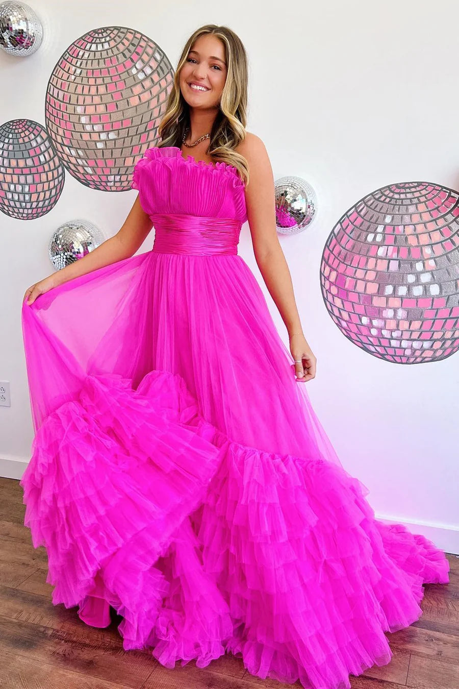Organza Strapless Belted A-Line Tiered Prom Dress with Ruffles