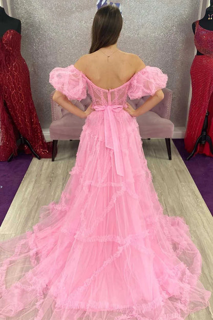 Sheer Corset Ruffles A-Line Prom Dress with Puff Sleeves