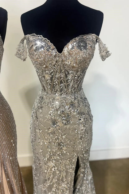 Off-the-Shoulder  Sequin Lace Mermaid Long Dress with Slit