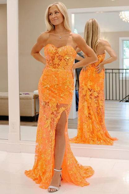 Off-the-Shoulder Sequin Applique Mermaid Long Dress with Slit