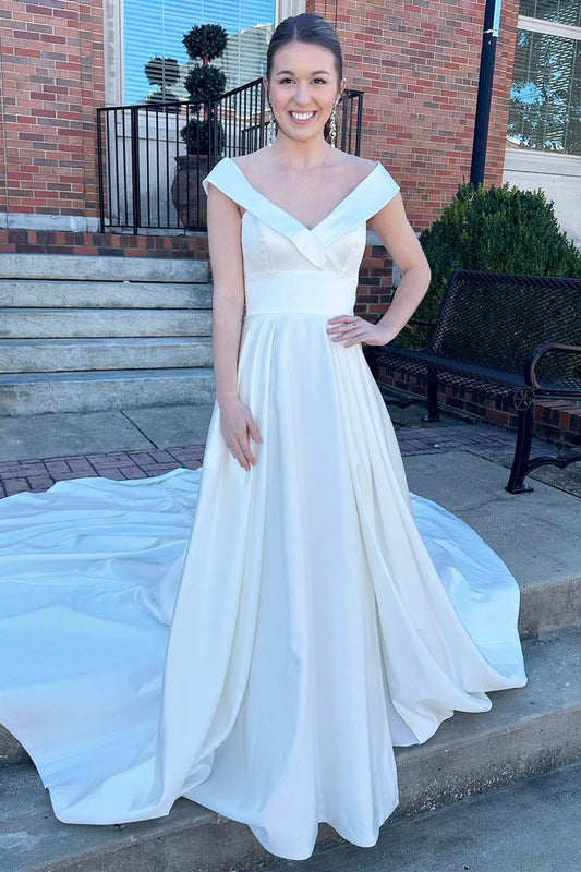 White V-Neck Portrait High-Waist A-Line Backless Mopping The Floor Long Wedding Dress