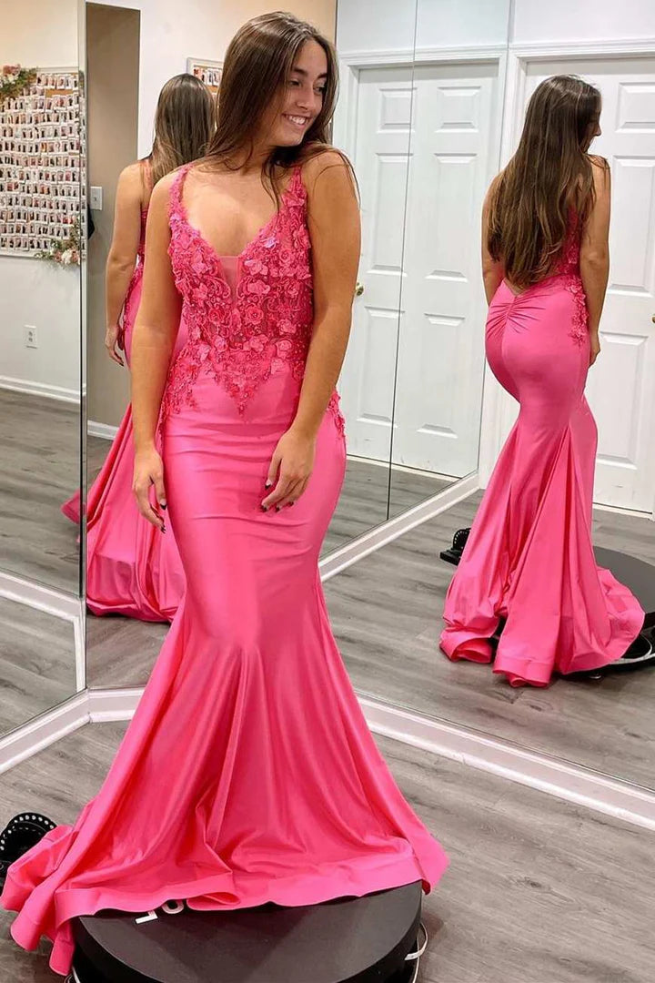 3D Floral Lace V-Neck Backless Trumpet Prom Dress