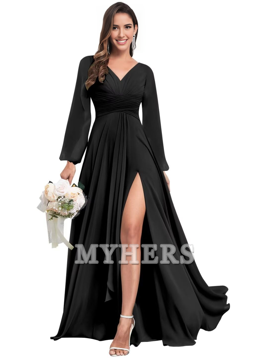 Elegant Chiffon Long Sleeves V Neck Ruffle Side Fork Long Bridesmaid Dresses Wedding Guests Dresses