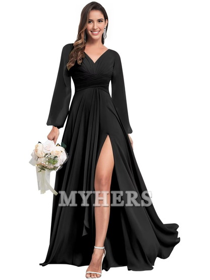 Elegant Chiffon Long Sleeves V Neck Ruffle Side Fork Long Bridesmaid Dresses Wedding Guests Dresses