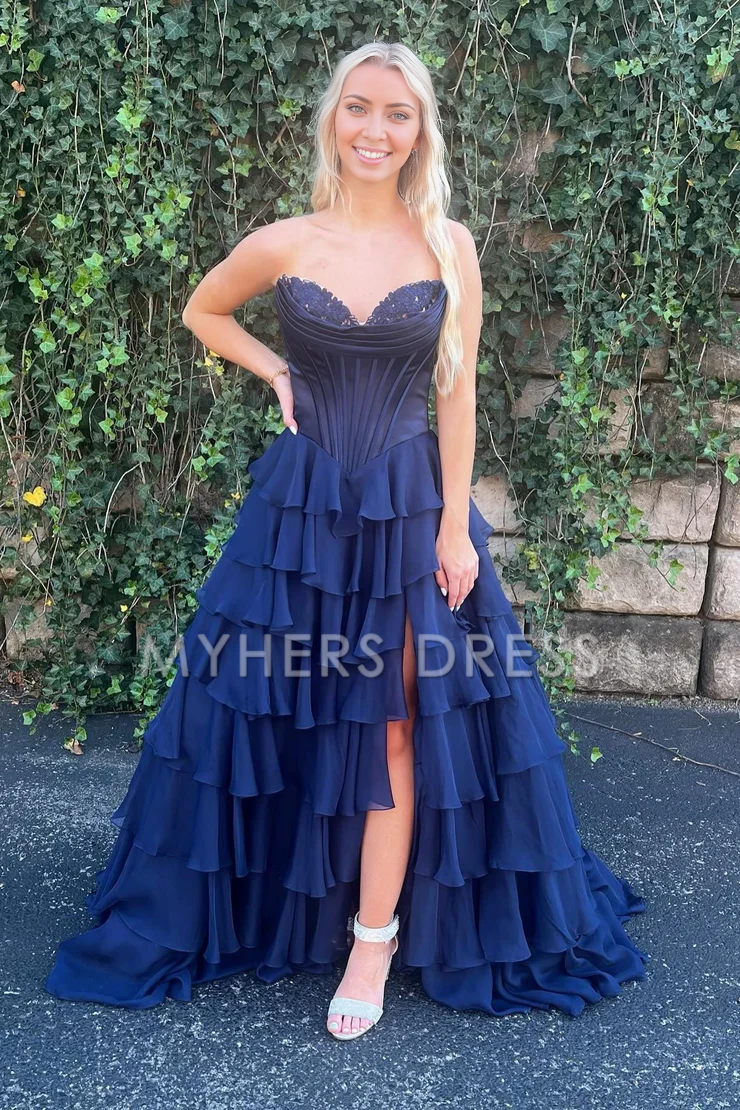 My Hers Ladies Formal Dress Cute Sweetheart A-Line Ruffle Chiffon Tiered Long With Split Exquisite Prom Dress