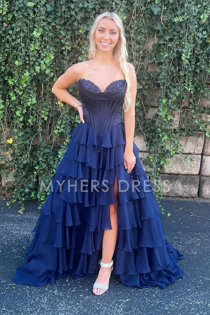 My Hers Ladies Formal Dress Cute Sweetheart A-Line Ruffle Chiffon Tiered Long With Split Exquisite Prom Dress