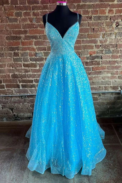 Sequin V-Neck Pleated A-Line Prom Dress