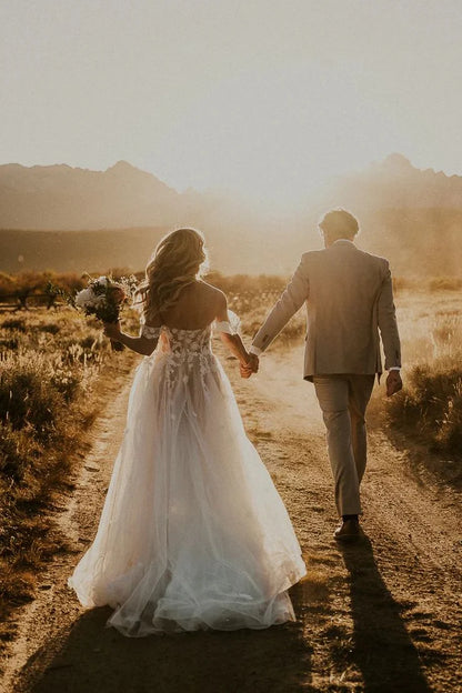Fairy A Line Off the Shoulder Tulle Long Wedding Dresses with Appliques