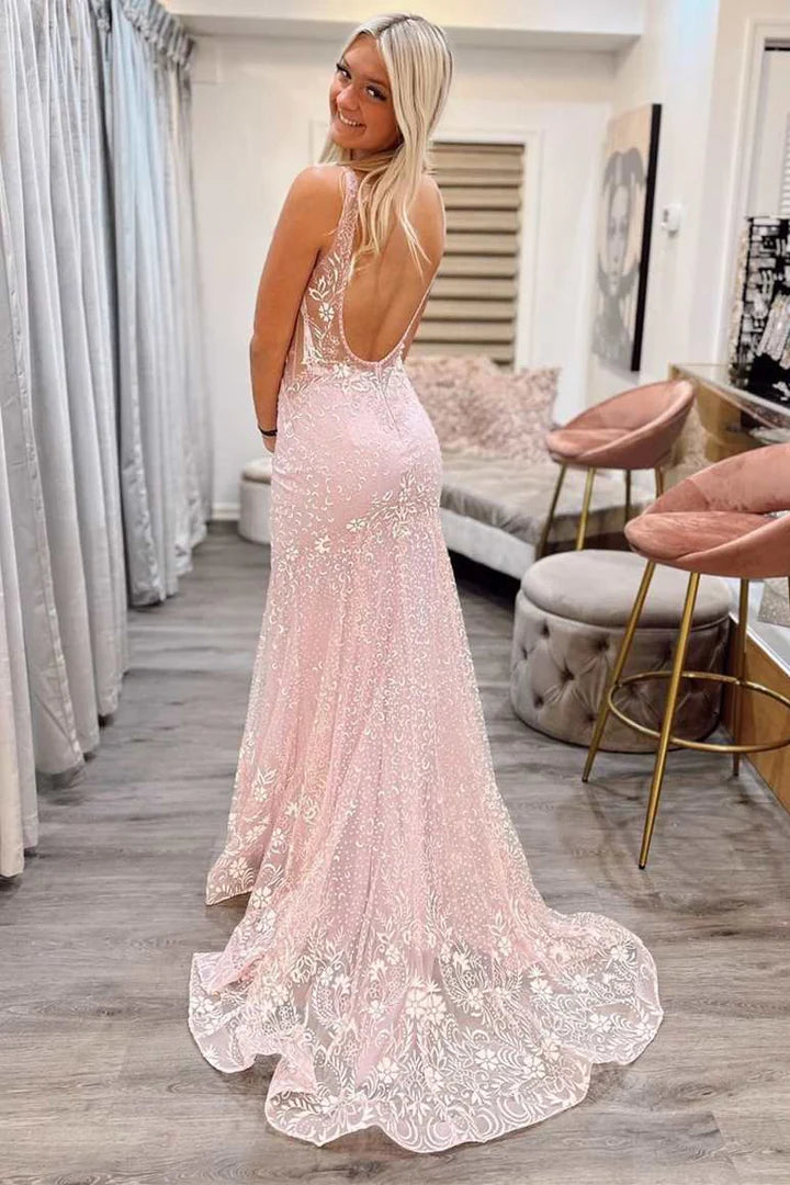 Jacquard Tulle V-Neck Backless Mermaid Prom Dress