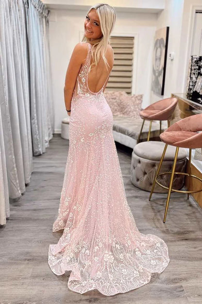 Jacquard Tulle V-Neck Backless Mermaid Prom Dress