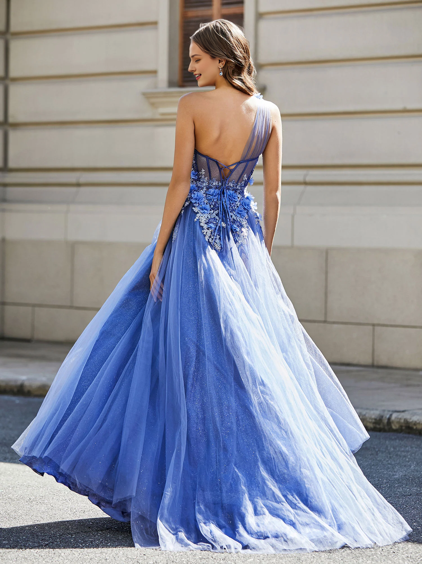 Tulle Flower Applique Dress Bodice High Slit Prom Dress