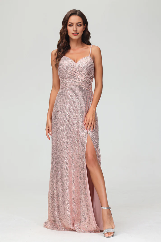 Formal Women's Dresses Sweetheart Spaghetti Straps Sequins Sheath Backless Long Dress Side Fork Floor-Length Charming Evening Dress