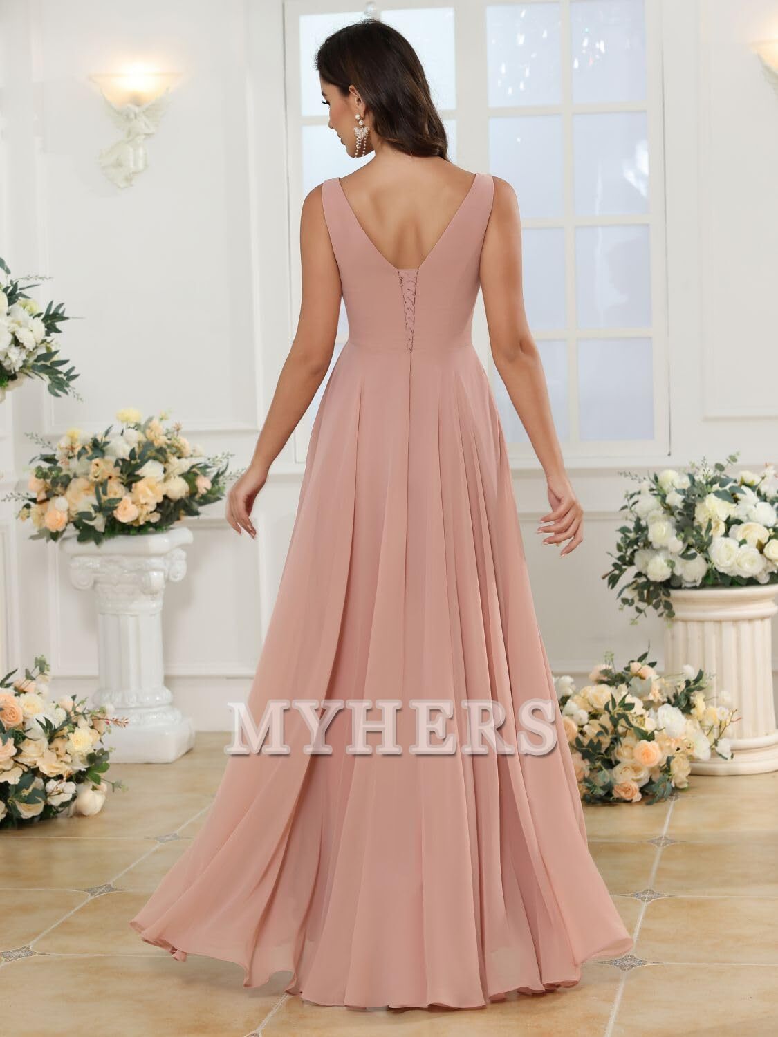 A-line V Neck Chiffon Ruched Side Fork Elegant Simple Bridesmaid Dresses Wedding Guests Dresses