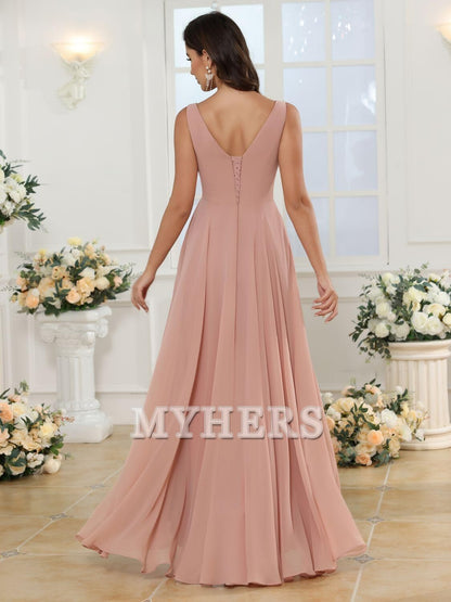A-line V Neck Chiffon Ruched Side Fork Elegant Simple Bridesmaid Dresses Wedding Guests Dresses