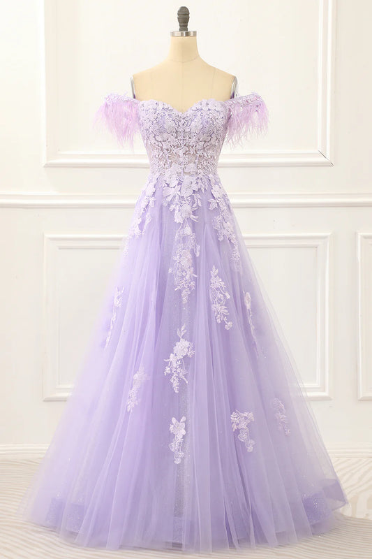 Lavender Off Shoulder Appliques Lace-Up Back Floor-Length Prom Dress with Feathers ﻿