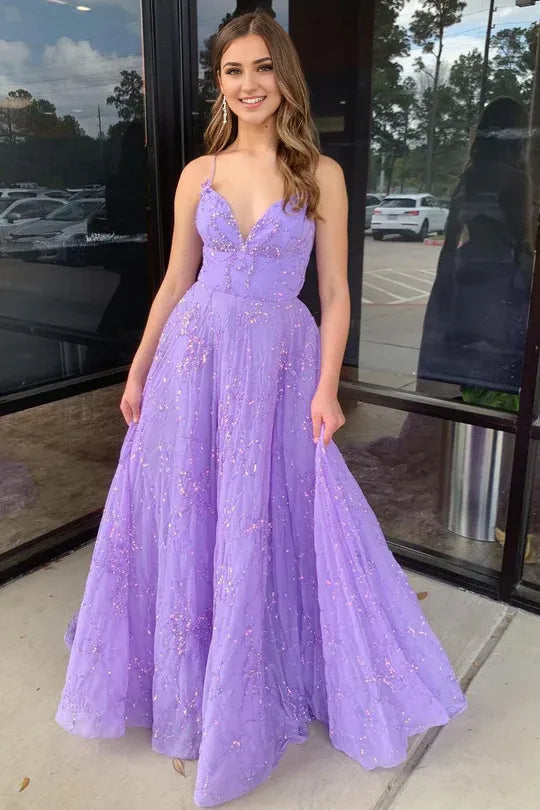 A-Line V Neck Spaghetti Strap Lilac Tulle Lace-Up Back Long Prom Dress with Sequin