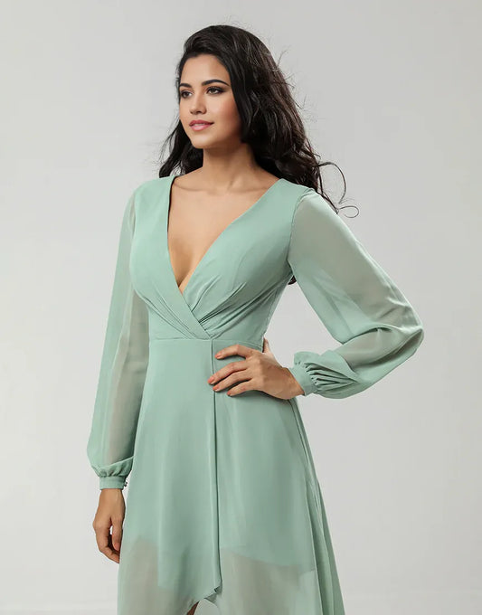 A Line Green V-Neck Chiffon Bridesmaid Dress with Long Sleeves