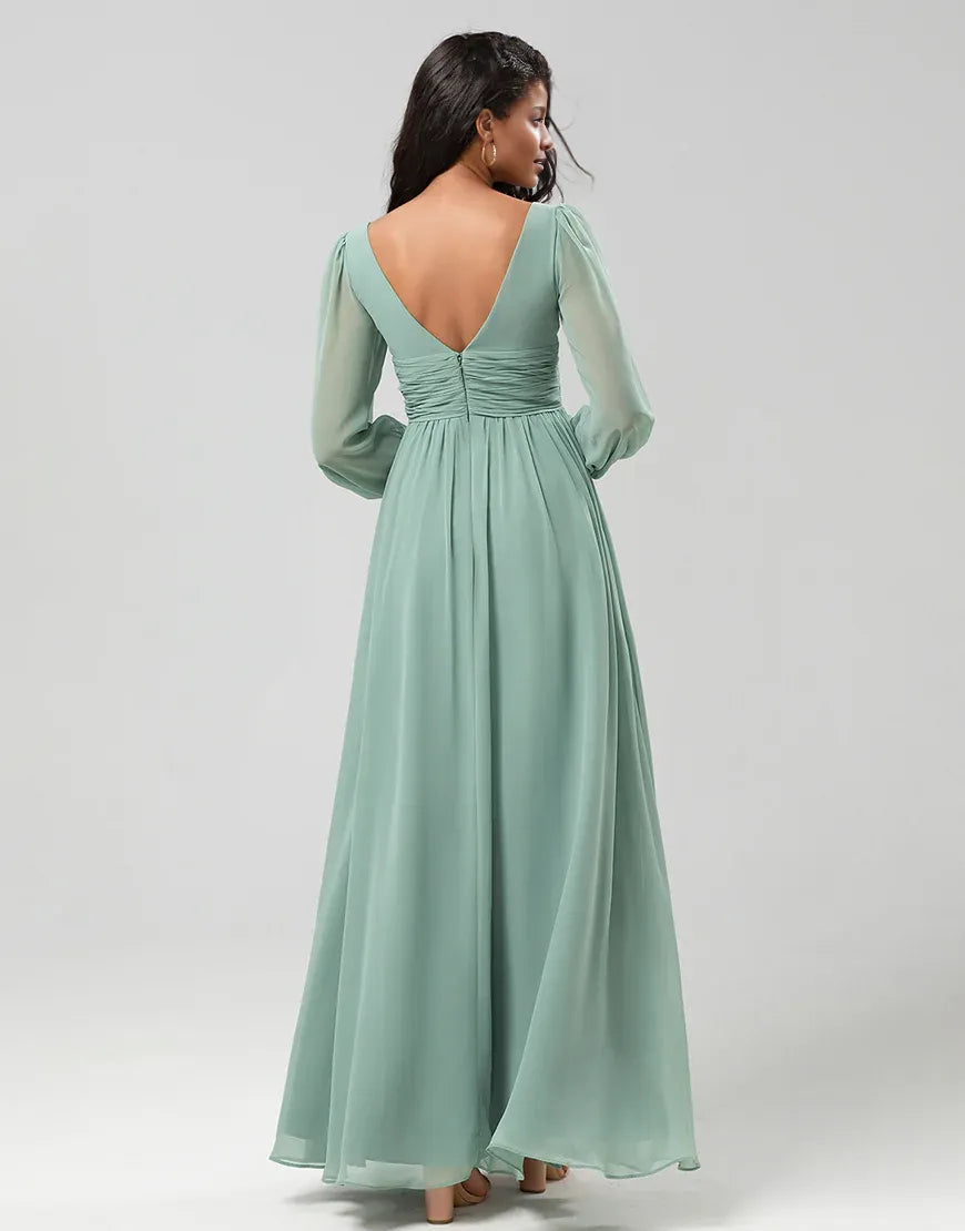 Chiffon A Line V-Neck Long Sleeves Split Fork Bridesmaid Dress with Buttons