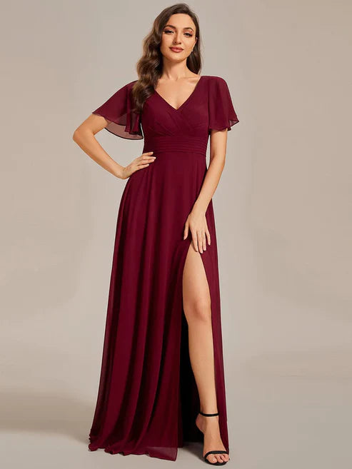 Back See-Through Swing Collar Applique Ruffles Sleeve A-Line Evening Dress/Prom Dresses Party Dresses