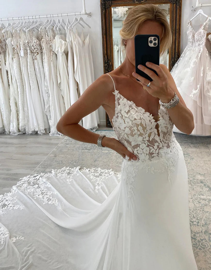 Spaghetti Straps Backless Long Wedding Dress with Lace