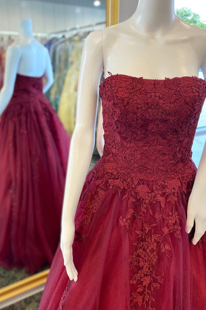 Floral Lace Strapless A-Line Prom Dress