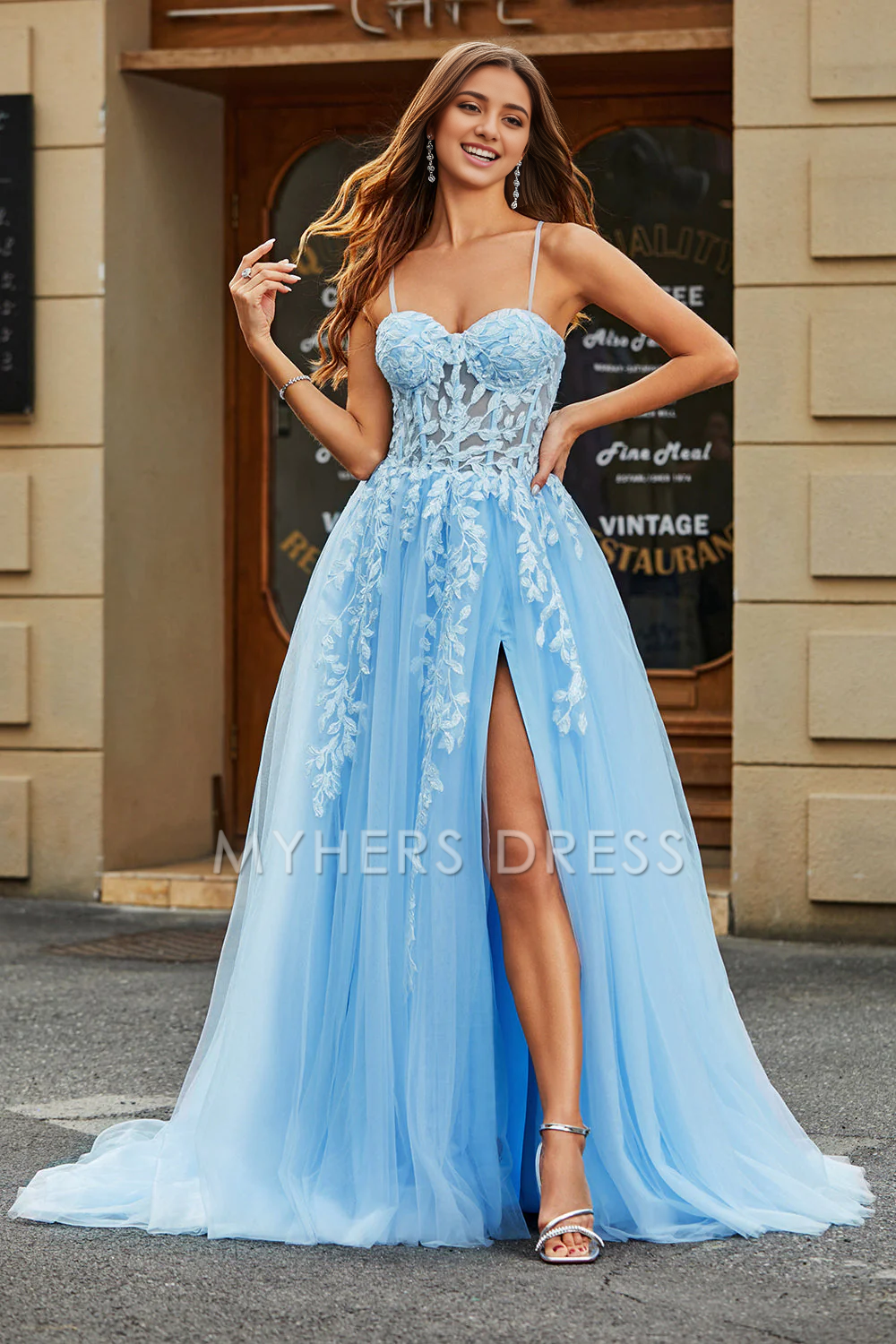 My Hers Ladies Formal Dress Tulle A-Line Spaghetti Straps Corset With Appliques Side Fork Long Romantic Prom Dress