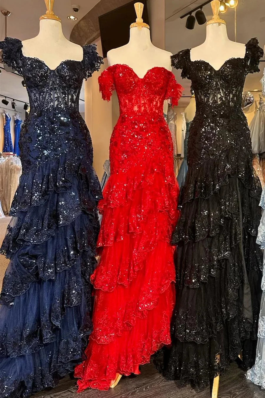 Sequin-Embroidery Off-the-Shoulder Tiered Long Prom Dress with Slit
