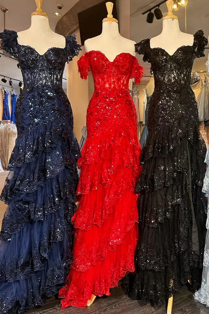 Sequin-Embroidery Off-the-Shoulder Tiered Long Prom Dress with Slit