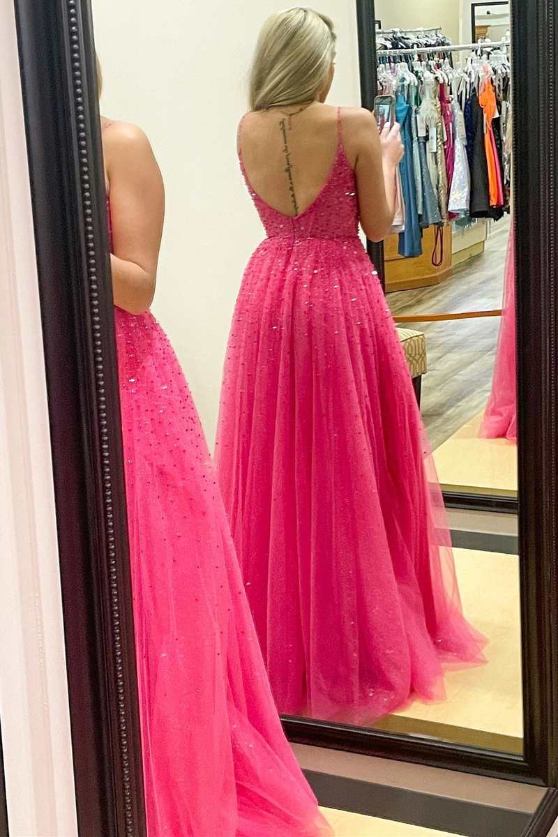 A-Line Spaghetti Straps Open Back Beaded Long Formal Dress Prom Dress With Sequins