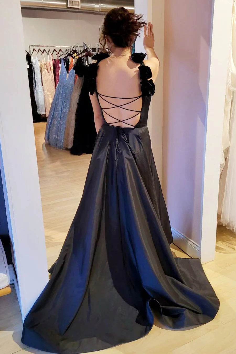 Corset A-Line Long Prom Dress with Rosette Straps