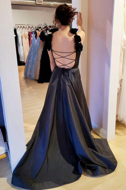 Corset A-Line Long Prom Dress with Rosette Straps