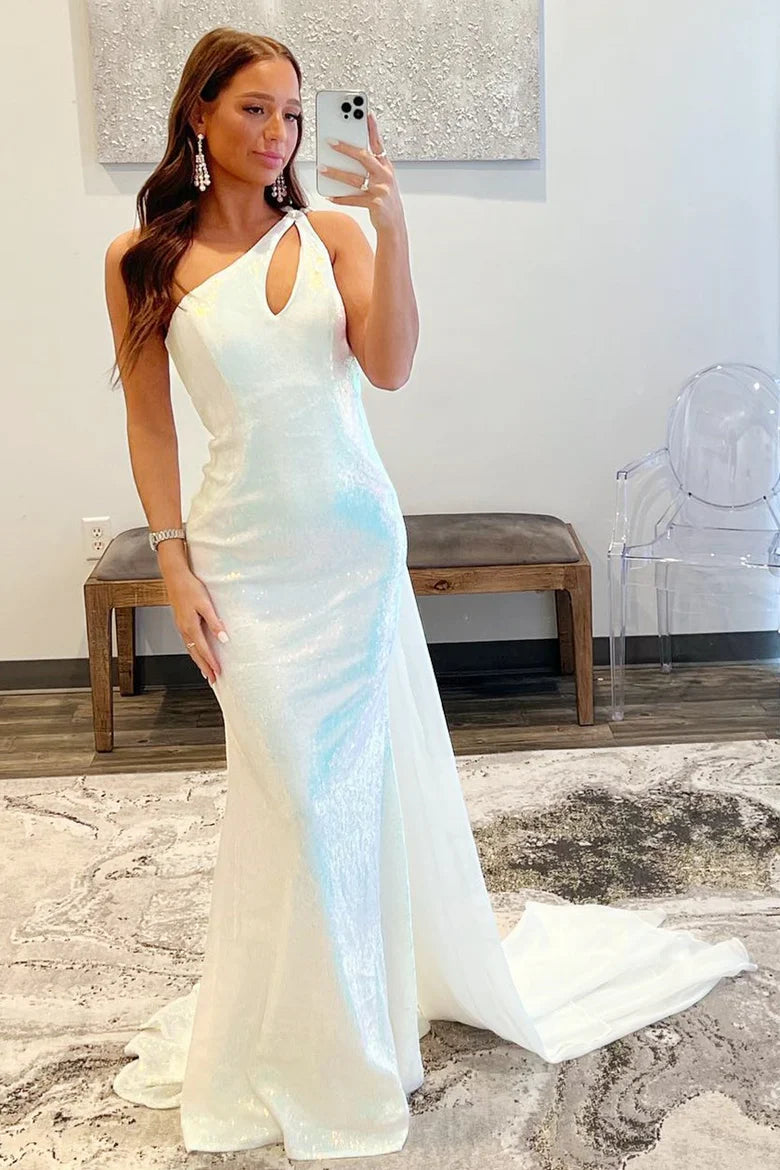 Sequins One-Shoulder Cut-Out Long Prom Dress with Scarf