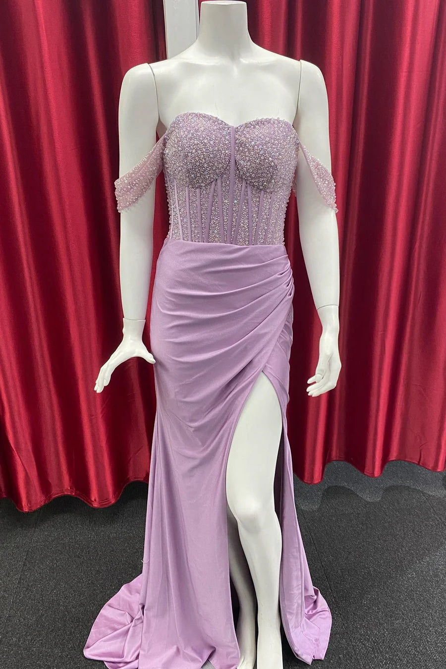 Beaded Satin Off-the-Shoulder Long Prom Dress with Slit